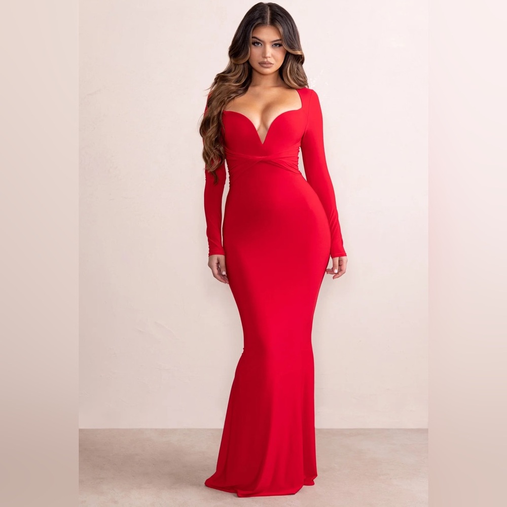 Club L London RED PLUNGE SWEETHEART NECKLINE FISHTAIL MAXI DRESS TWIST FRONT 4
